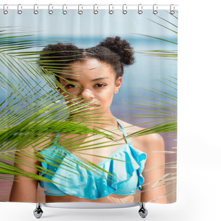 Personality  Portrait Of Serious African American Woman Near Palm Leaves In Front Of Sea Shower Curtains