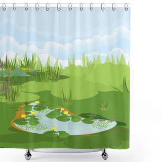 Personality   Abstract Marsh Landscape With Pond Overgrown With Flowering Yellow Water-lily (Nuphar Lutea) With Green Leaves Shower Curtains