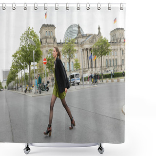 Personality  Full Length Of Young And Fair Haired Woman In Silk Dress, Jacket And Boots Walking On Road In Berlin Shower Curtains