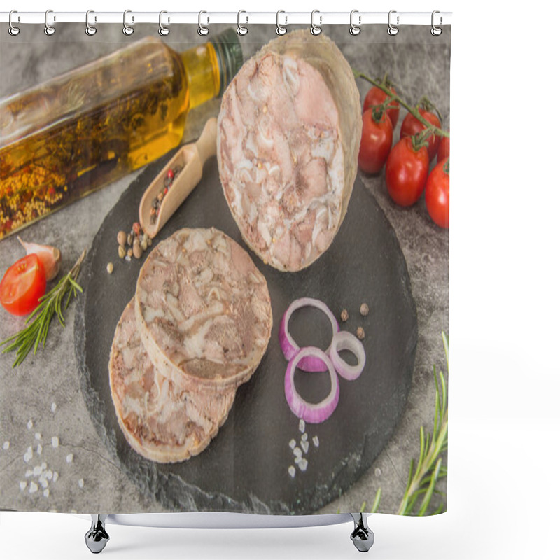 Personality  Headcheese Is A Pressed Pressed Piece Of Meat Cut On Black Slate. Close-up, With Spices, Rosemary, Tomato. Dish On The Menu. Shower Curtains