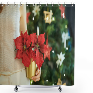 Personality  Red Poinsettia In Hand Of Woman Near Christmas Tree, Close-up  Shower Curtains