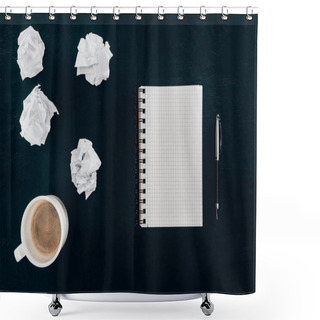 Personality  Top View Of Blank Notebook With Messy Crumpled Papers And Cup Of Coffee Isolated On Black Shower Curtains