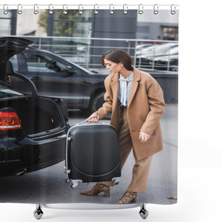 Personality  Stylish Woman In Autumn Clothes Holding Suitcase Near Open Car Trunk Shower Curtains