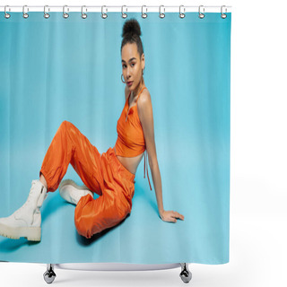 Personality  Attractive African American Model In Vivid Outfit Sitting And Posing On Floor On Blue Background Shower Curtains