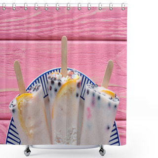 Personality  Top View Of Sweet Tasty Homemade Ice Cream With Fruits And Berries On Plate On Pink Wooden Table   Shower Curtains