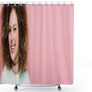 Personality  Young Woman Winking And Smiling At Camera Isolated On Pink, Banner  Shower Curtains
