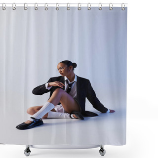 Personality  Young African American Woman Sitting On Ground In Suit And Tie, White Studio Shower Curtains