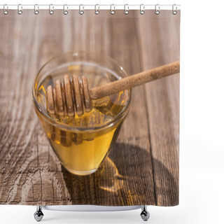 Personality  Glass Bowl With Delicious Honey And Honey Dipper On Wooden Table In Sunlight Shower Curtains