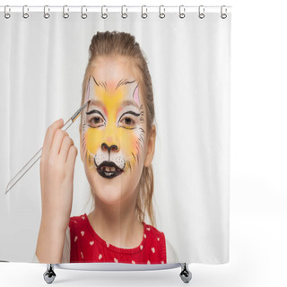 Personality  Cute Kid With Tiger Muzzle Painted On Face Painting On Eyebrow With Paintbrush Isolated On White Shower Curtains