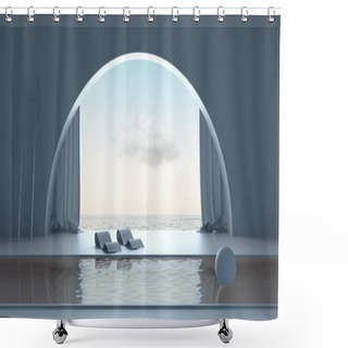 Personality  Imaginary Fictional Architecture, Interior Design Of Empty Space With Arched Window With Curtain, Concrete Blue Walls, Swimming Pool With Chaise Longue, Sunrise Sunset Sea Panorama Shower Curtains