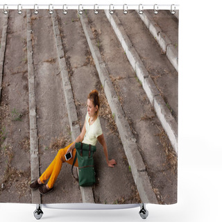 Personality  Portrait Of Fashion Model Girl On The Industrial Background Shower Curtains