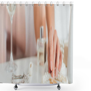 Personality  Panoramic Crop Of Bride Touching Pearl Necklace Near Accessories On Coffee Table  Shower Curtains