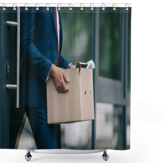 Personality  Cropped View Of Fired Businessman Standing Near Building And Holding Carton Box  Shower Curtains