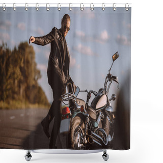 Personality  Angry Man Kicking Broken Motorbike On Road Shower Curtains
