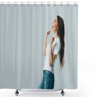 Personality  Side View Of Happy Beautiful Girl In White T-shirt Showing Yes Gesture Isolated On Grey Shower Curtains