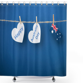 Personality  Rope, Clothespins And Heart-shaped Papers With Happy Near Australia Day Lettering And Flag On Blue Shower Curtains