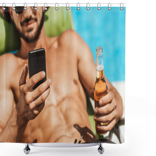 Personality  Cropped View Of Man Using Smartphone And Holding Bottle Of Beer   Shower Curtains