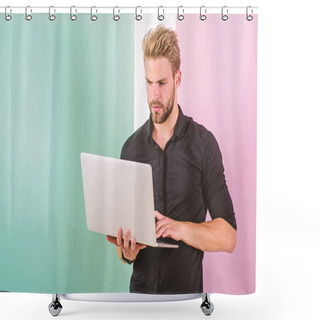 Personality  Man With Laptop Works As Smm Expert. Smm Manager Promotes Brands And Items On Internet. Guy Stylish Modern Appearance Manager Producing Content For Social Networks. Social Media Marketing Expert Shower Curtains