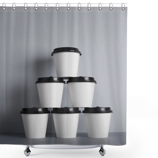 Personality  Pyramid Made From Six White Take Away Paper Cups  Shower Curtains
