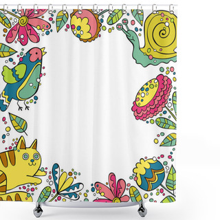 Personality  Cat, Snail, Bird. Flowers And Leaves. Square Frame. Shower Curtains