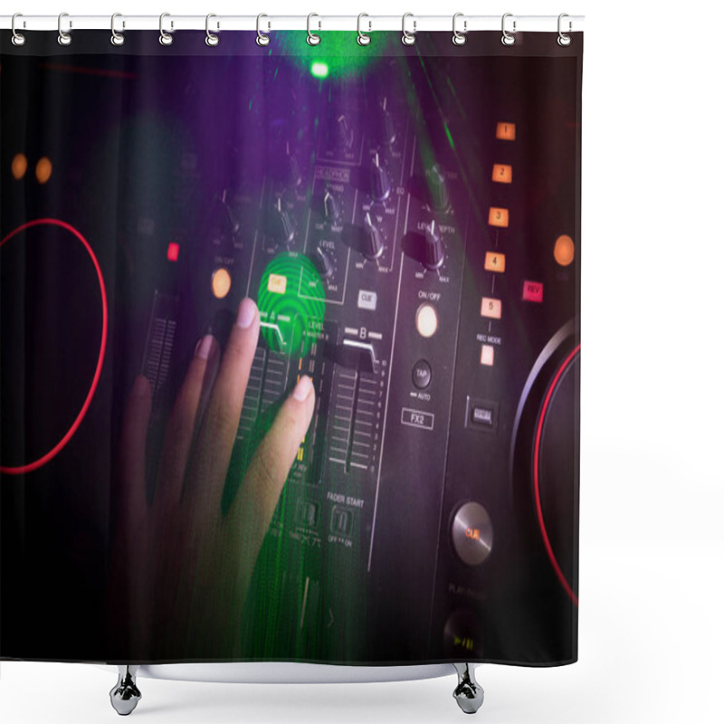 Personality  In Selective Focus Of Pro Dj Controller.The DJ Console Deejay Mixing Desk At Music Party In Nightclub With Colored Disco Lights. Close Up View Shower Curtains