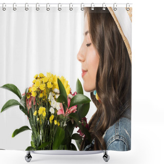 Personality  Side View Of Boho Girl In Straw Hat Holding Flowers With Closed Eyes Isolated On White Shower Curtains