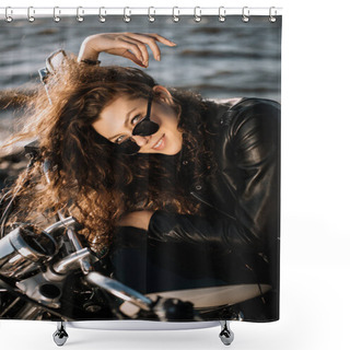Personality  Beautiful Young Woman Smiling And Sitting On Classic Motorbike Shower Curtains