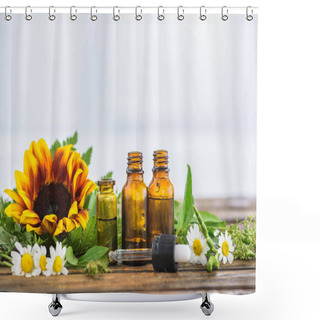 Personality  Sunflower, Chamomile Flowers, Bottles With Essential Oils And Dropper On White Background Shower Curtains