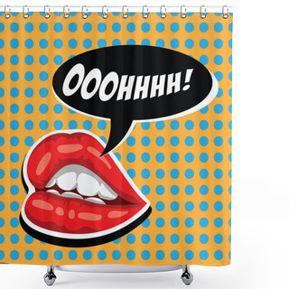 Personality  Woman Red Lips And Comic Speech Bubble. Female Mouth With Speech Bubble. Attractive Girl Lips And Open Mouth. American Comics. Cartoon Comic Vector Illustration In Pop Art Retro Style. Shower Curtains