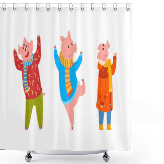 Personality  Set Of Cute Funny Pig Characters Dressed Warm Bright Clothes Having Fun Cartoon Vector Illustration Shower Curtains