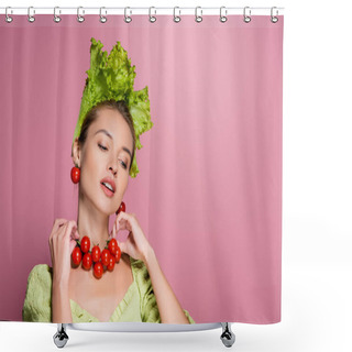 Personality  Charming Woman In Lettuce Hat, Touching Necklace Mad Of Cheery Tomatoes On Pink Shower Curtains