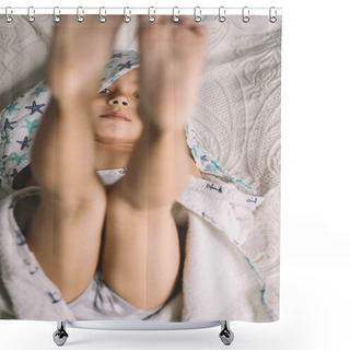 Personality  Top View Of Adorable Boy Lying On Bed With Legs Up And Looking At Camera Shower Curtains