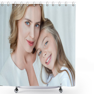 Personality  Attractive Mother And Smiling Daughter Looking At Camera Isolated On Grey  Shower Curtains