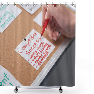 Personality  Cropped View Of Woman Writing Competitor Success Notes On Card Pinned On Cork Board Shower Curtains