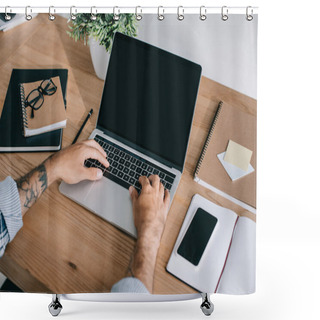 Personality  Cropped Shot Of Businessman Using Laptop At Workplace Shower Curtains