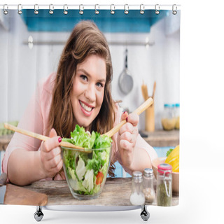 Personality  Portrait Of Overweight Smiling Woman Looking At Camera While Cooking Fresh Salad For Dinner In Kitchen At Home Shower Curtains
