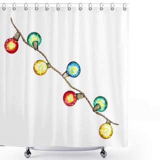 Personality  Colorful Realistic Vintage Garland Of Yellow, Green, Red And Blue Electric Lighting Lamps. Watercolor Hand Painted Isolated Elements On White Background. Cozy Accessory And Holiday Decorative Symbol. Shower Curtains