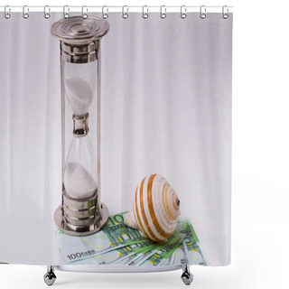 Personality  EURO Banknotes, Hourglass And Seashell On White Background. Concept - Time To Travel Shower Curtains