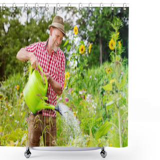 Personality  Handsome Bavarian Man Standing In The Garden And Watering The Fl Shower Curtains