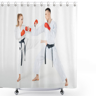 Personality  Karate Fighters Training Isolated On White Shower Curtains