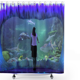 Personality  Woman Looking At Sharks In Sea Life Aquarium In Sydney New South Shower Curtains