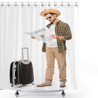 Personality  Stylish Male Tourist In Sunglasses Reading Travel Newspaper Near Wheeled Bag Isolated On White  Shower Curtains