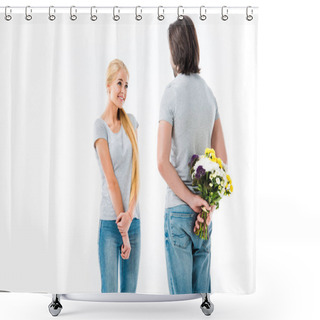 Personality  Lovely Couple Looking At Each Other, Man Holding Flowers Behind Back Isolated On White  Shower Curtains