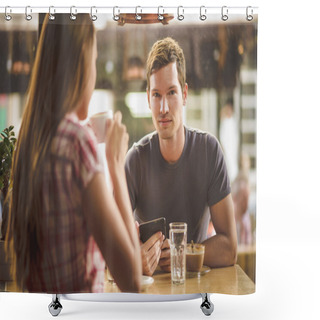 Personality  Young Couple On First Date Drinking Coffee Shower Curtains