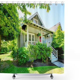 Personality  Grey Small House With Porch And White Railings. Shower Curtains