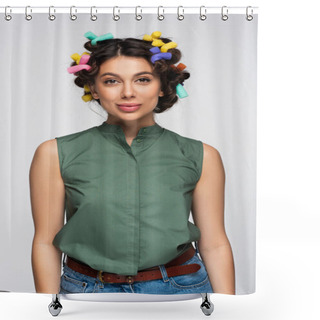 Personality  Young Woman With Colorful Hair Curlers Isolated On Grey Shower Curtains