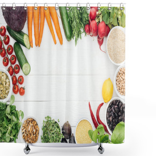 Personality  Top View Of Fresh Fruits And Vegetables Near Glass Jars On Wooden White Table With Copy Space Shower Curtains