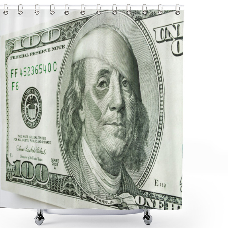 Personality  Ben Franklin With Black Eye And Bandages On One Hundred Dollar Bill Illustrates Many Economic Concepts And Ideas. Shower Curtains