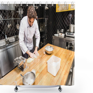 Personality  Chef Preparing Dough For Pasta On Wooden Table Shower Curtains
