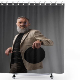 Personality  Elegant Senior Man In Beige Jacket And Eyeglasses Holding Derby Hat On Grey Shower Curtains